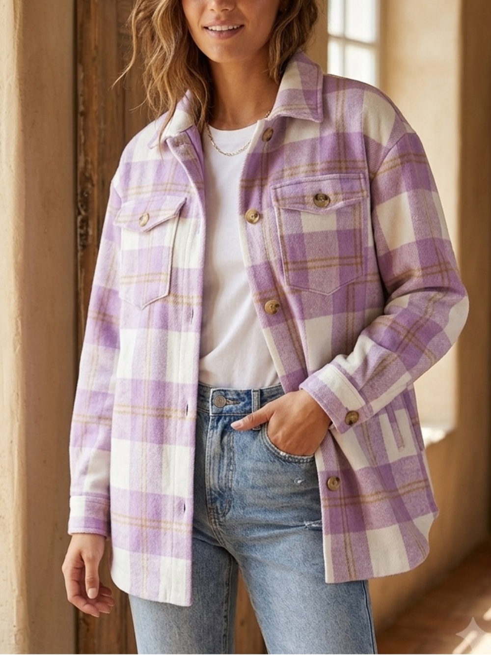 NWT Just Polly Lavander Plaid Shacket Jacket Lined Purple Button Up Size Large